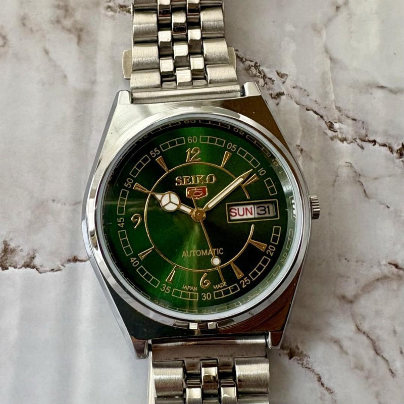 Seiko Watch Stainless Steel 36mm Green Dial Day-Date Steel Bracelet Overhauled