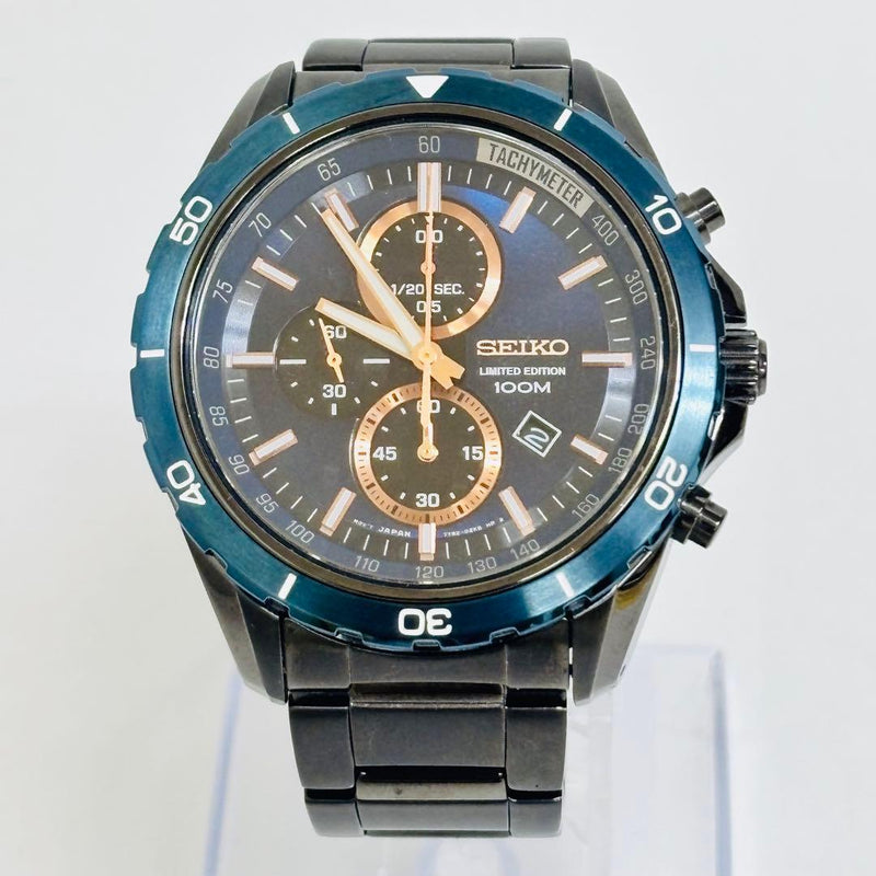 SEIKO 7T92-0SX0 Quartz Chronograph 39mm Black Case Blue Bezel Gold Subdial