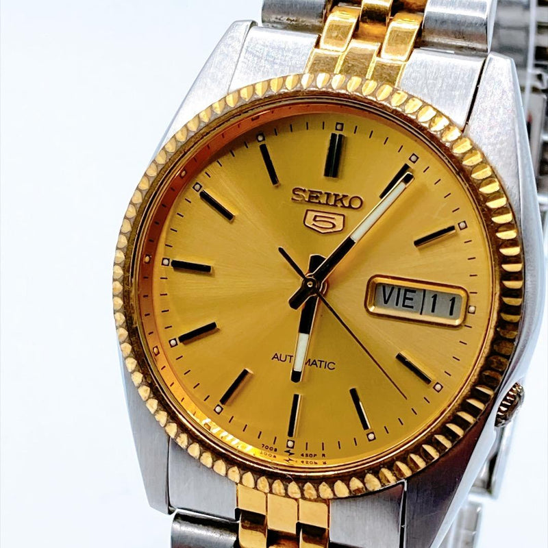 SEIKO 5 7009-3110 Automatic 35.8mm Gold Dial Fluted Bezel Two-tone Bracelet Day