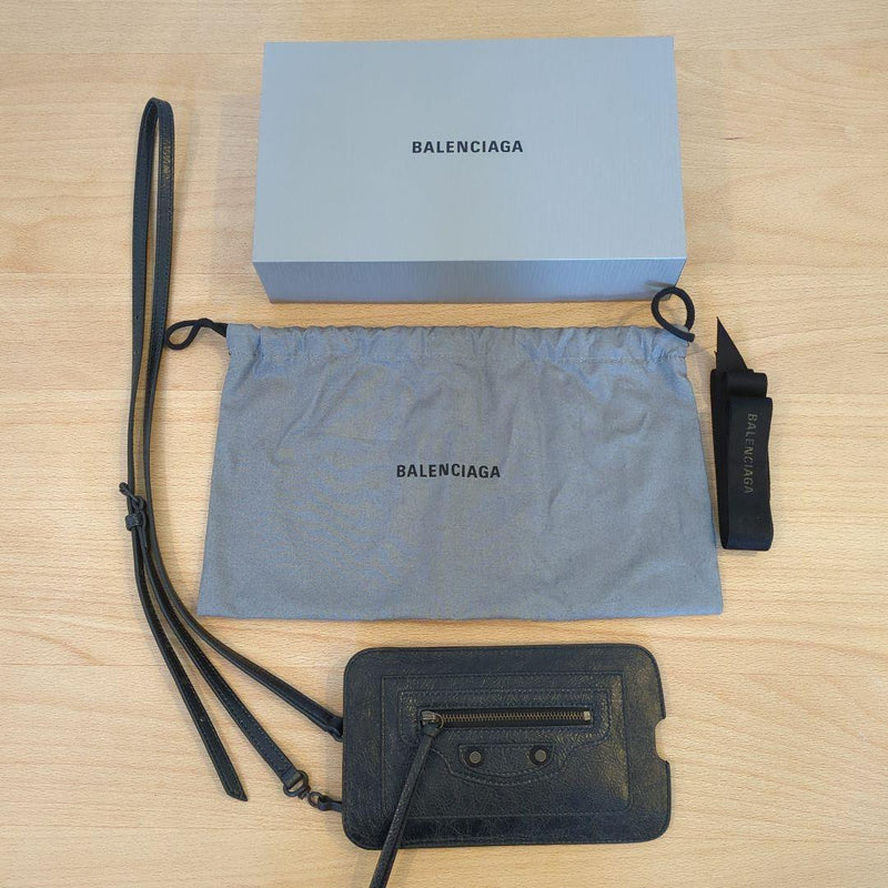BALENCIAGA Le City Vertical Phone Holder Shoulder Bag Black Arena Lambskin