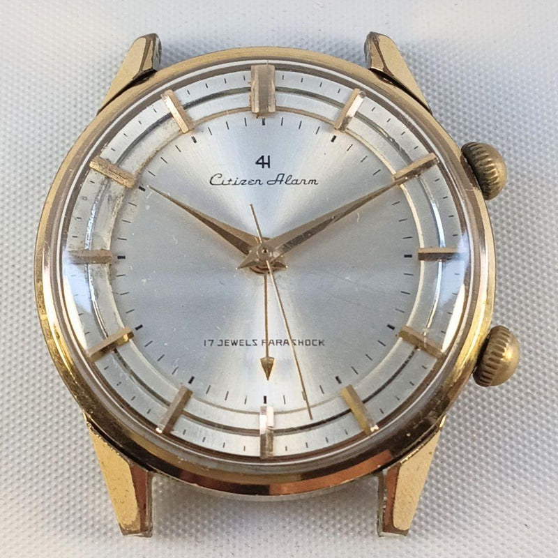 Citizen 4H Mechanical Manual 17J Silver Dial Gold Bezel Parashock Alarm Watch
