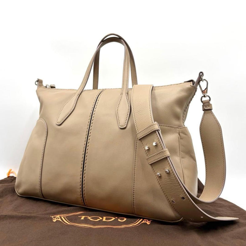 TODS Women Beige All Leather 2 Way Tote Bag H26 W37 D13cm Silver Hardware