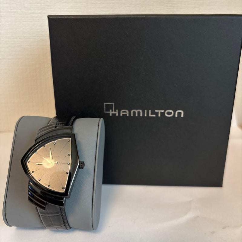 HAMILTON Ventura H24401731 Black PVD Triangular Case Quartz Leather Mens Watch