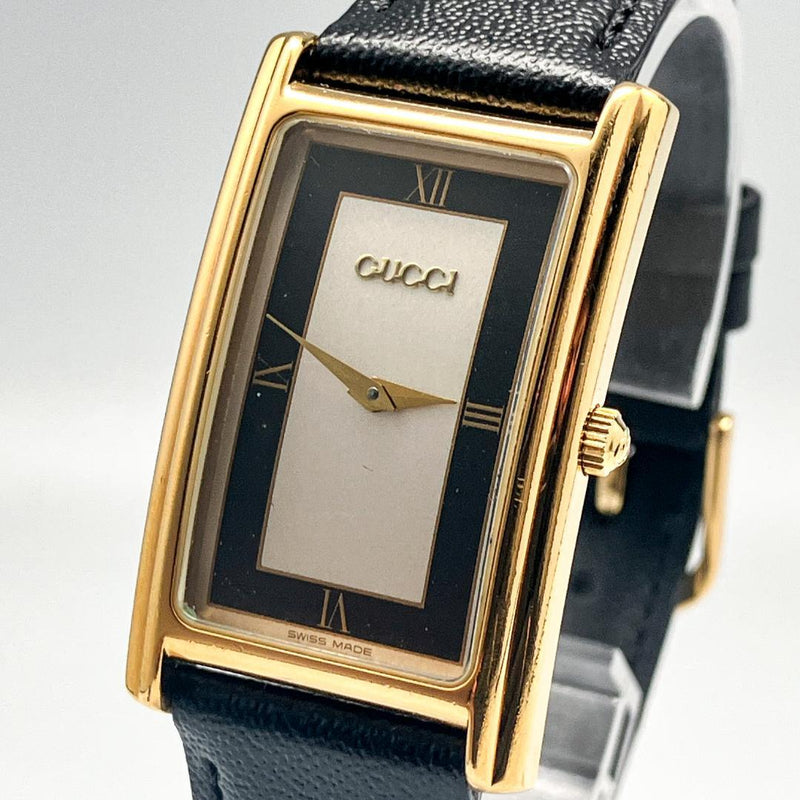 GUCCI 2600M Mens Quartz Watch 23x40mm Gold Tone Black Silver Dial Black Band