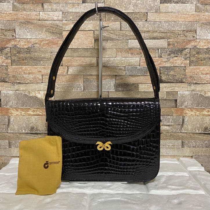 COMTESSE Black Shining Crocodile Handbag H17 W23 D5cm 8702457221 Center Cut