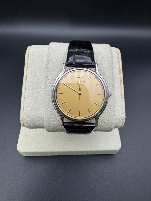 SEIKO CREDOR 8J81-6A30 Mens Quartz Dress Watch Champagne Gold SS Black Leather