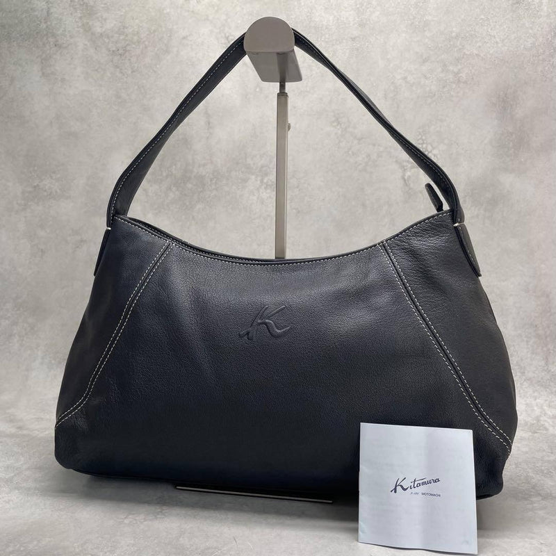 Kitamura Leather Navy Black Embossed Logo Half Moon Shoulder Bag 21x32x10cm