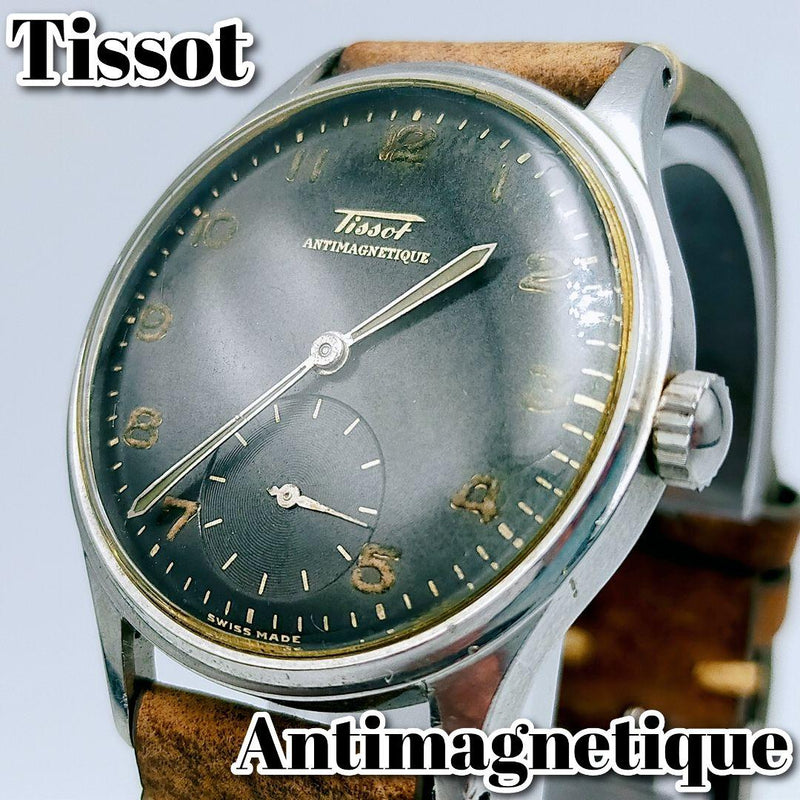 Tissot Antimagnetique Manual Wind Black Dial Leather Watch 1940s Waterproof