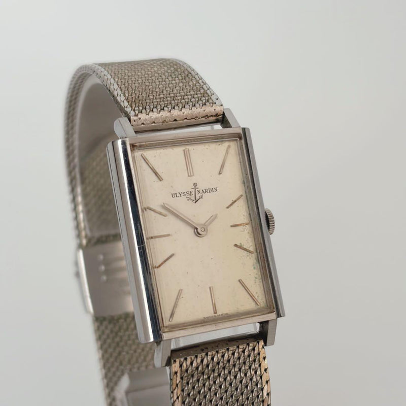 Ulysse Nardin Mens Hand-Wound Rectangular Tank Watch Silver Ivory Dial