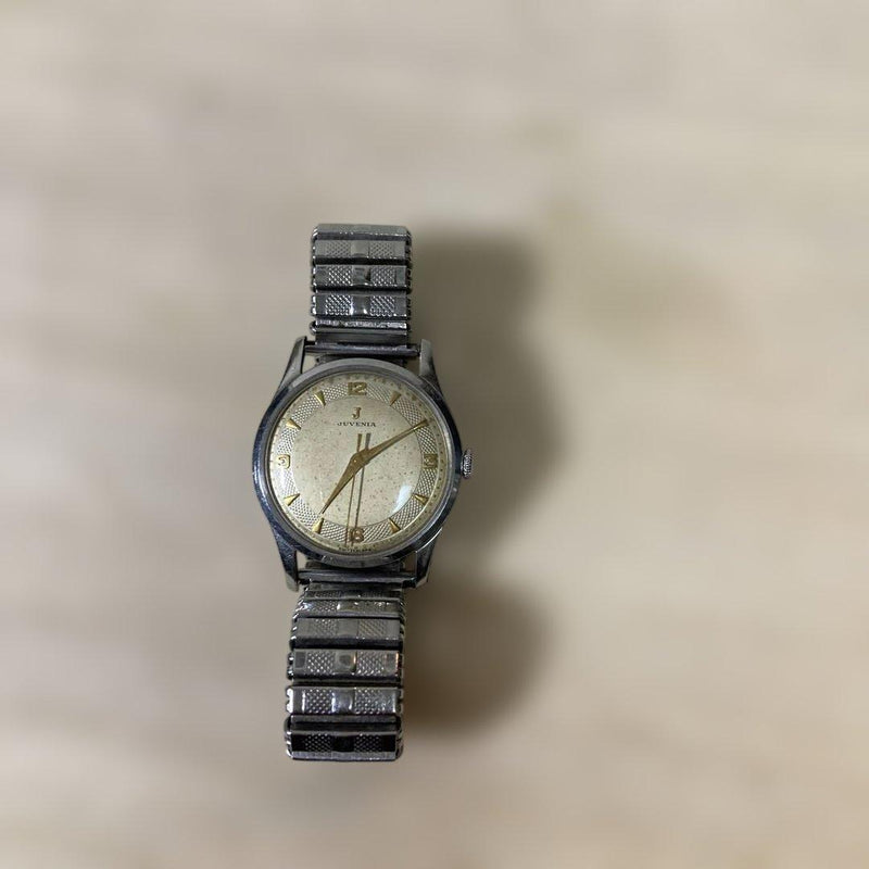 JUVENIA Automatic Swiss Watch 32mm Case Gold Dial Silver Stretch Metal Band