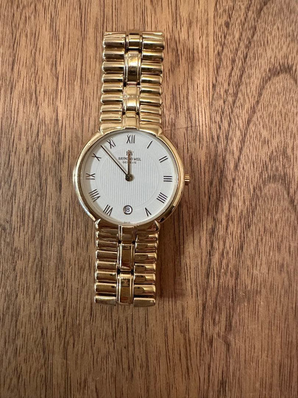 RAYMOND WEIL GENEVE Mens Quartz Watch Gold Tone White Guilloche Roman Date