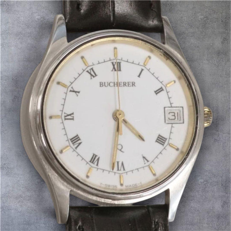 Bucherer Mens Dress Watch Swiss Quartz 33mm Sunburst Date Dial 8.3in Wrist