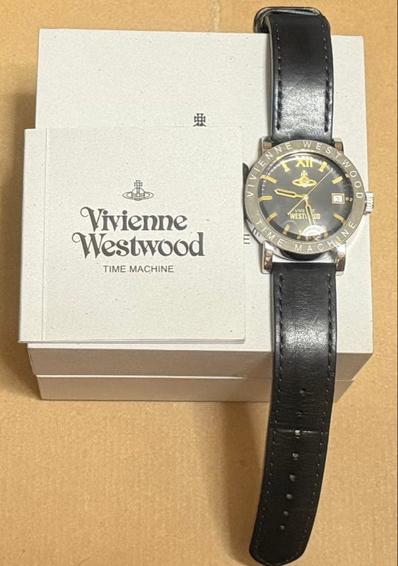 Vivienne Westwood Quartz Watch Black Leather Strap Silver Bezel Overseas Model