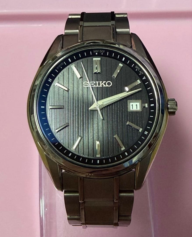 Seiko Selection SBTM341 Mens Solar Quartz Titanium Black Stripe Dial Date Watch