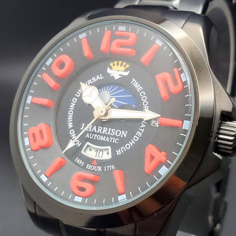 J.HARRISON JH-027 Automatic Watch 47mm Black Case Red Dial Sun Moon Date