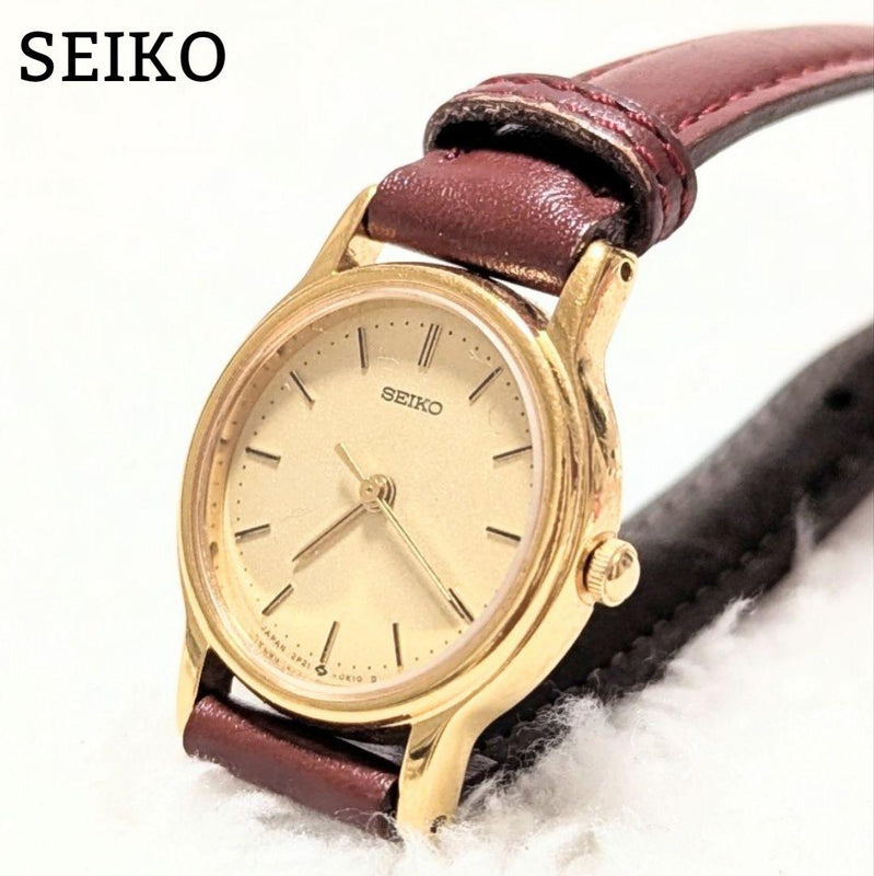 SEIKO 90s Ladies Quartz Watch 2P21-0A9A Gold Tone 21mm Gold Dial Brown Leather