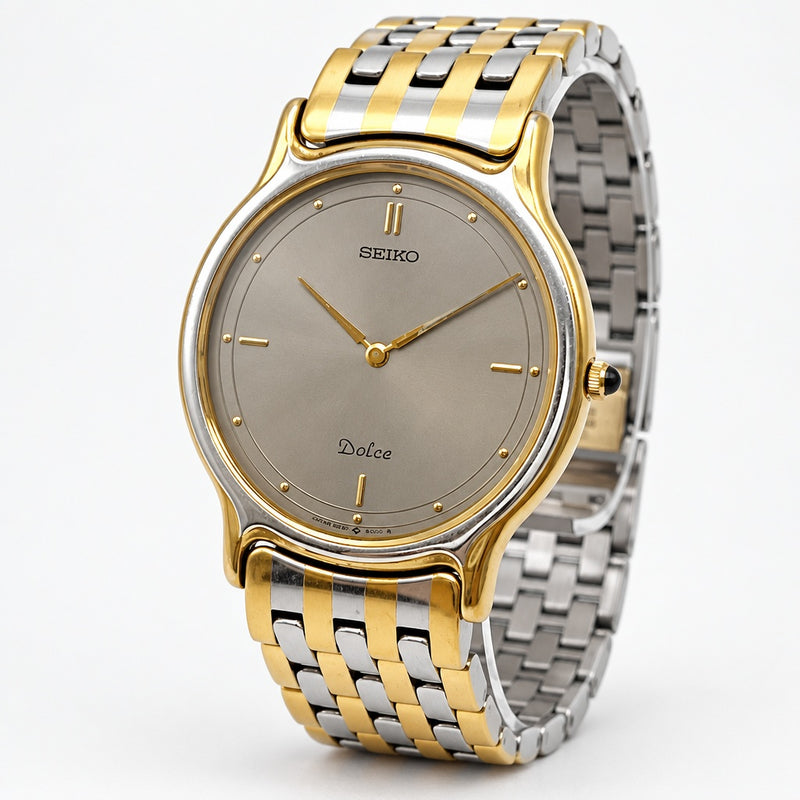 SEIKO DOLCE 9350-6000 Mens Watch 31.2mm Gray Dial Gold Silver Band 1986