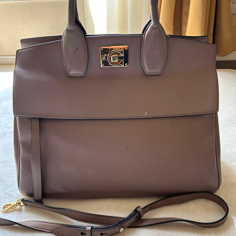 Ferragamo Studio Bag Leather 2way Tote Shoulder Beige Gold 13.8x10.6x6.7in