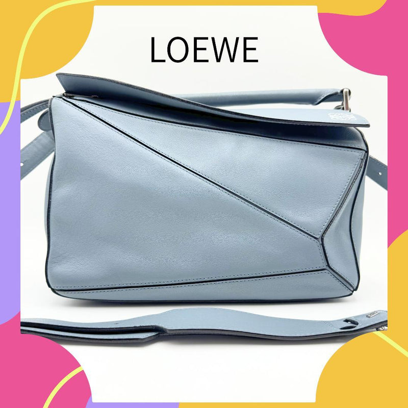LOEWE Puzzle Medium Blue Calfskin Leather 3 Way Shoulder Bag W30 H20 D23cm