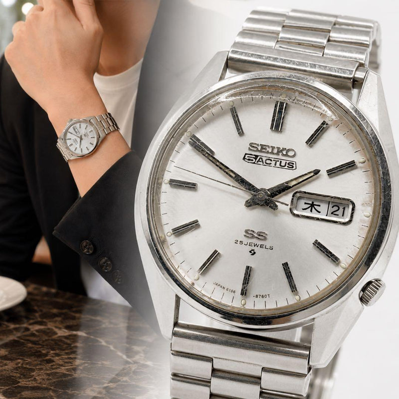 SEIKO 5 ACTUS 6106-8610 Automatic Day-Date Silver Stainless Steel 37.2mm Watch