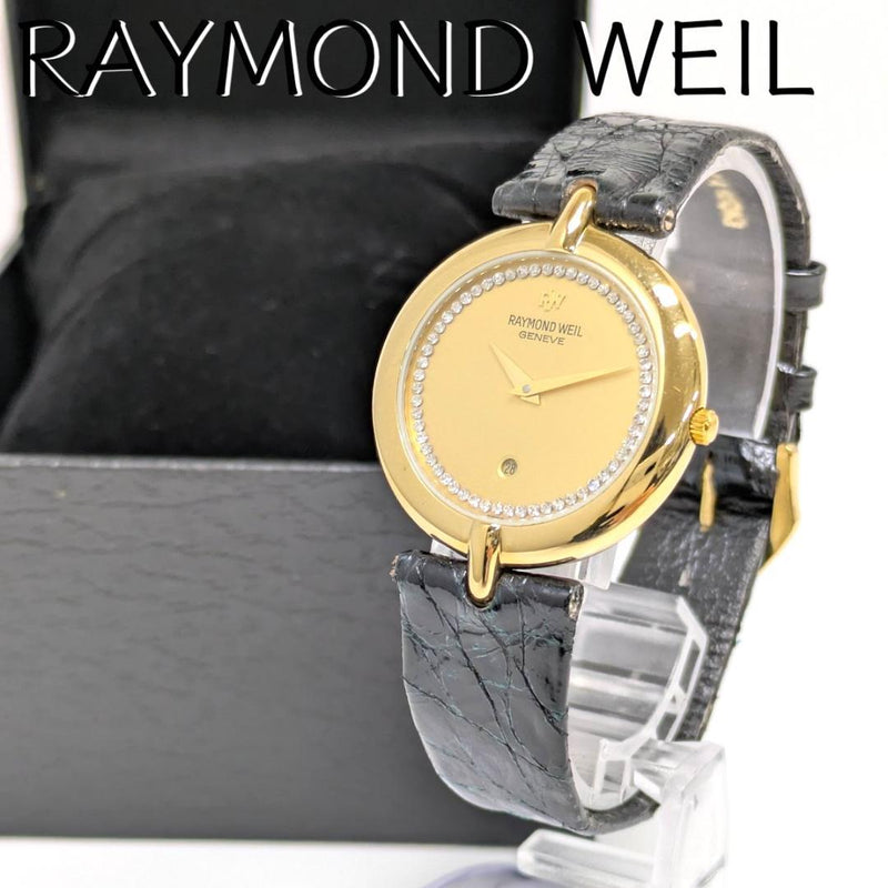 RAYMOND WEIL Quartz Date Rhinestone 18KGEP 36x31mm Gold Dial Black Leather Watch