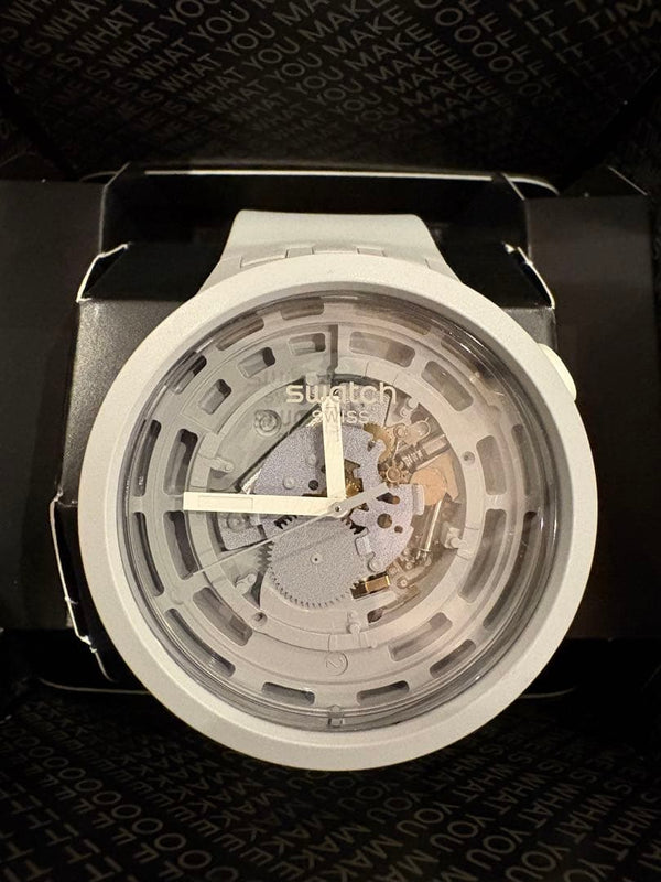 Swatch SB03M100 Bioceramic Quartz Watch 47mm Clear Dial Grey Bio-sourced Strap