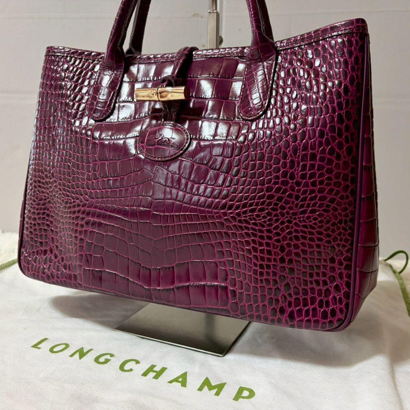 Longchamp Roseau Croco-Embossed Leather Handbag Purple A4 Toggle 24.5x35x11cm