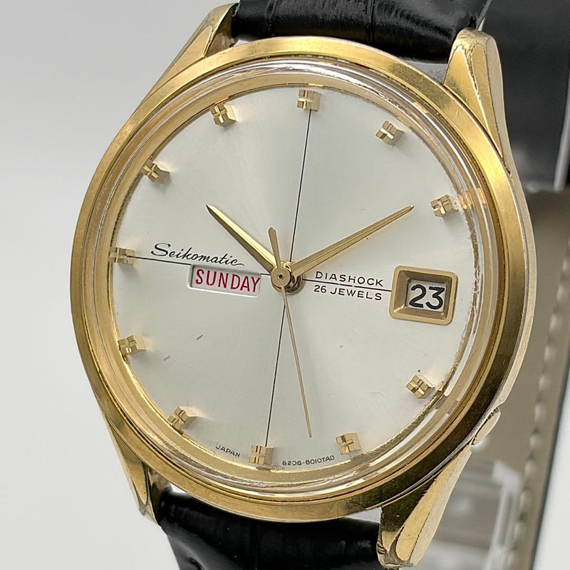 SEIKO 6206-8010 Automatic 26J 35mm Gold Plated Silver Weekdater Watch 1965