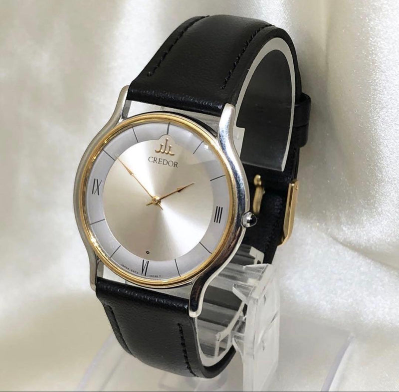 SEIKO CREDOR Mens 5A74-0020 Quartz 18K Gold SS 33mm Silver Dial Black Leather