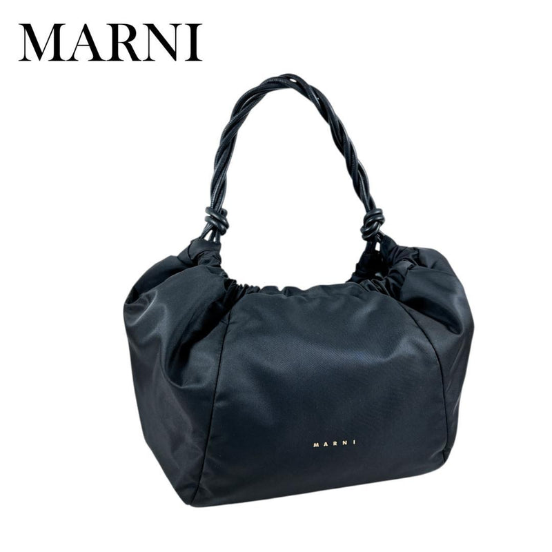 MARNI SCMP0069Y1 Twist Handle Leather Nylon Cotton Black Handbag 22cm H 40cm W