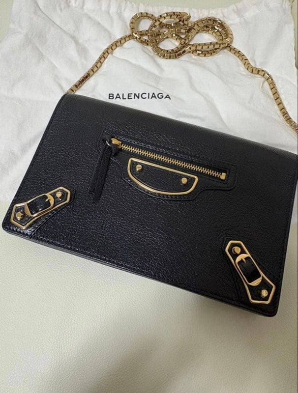 BALENCIAGA City Chain Bag Black Leather Card Slots Textured Goldtone 7.5x5.5x2in