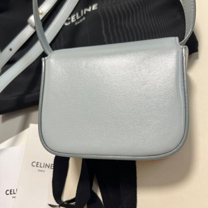 CELINE Triomphe Mini Claude Compact Leather Shoulder Bag Ice Blue Gold Tone