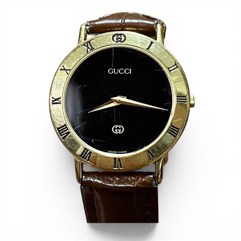 Gucci 3000M Quartz 33mm Gold Tone Case Black Dial Leather Band Mens Wristwatch