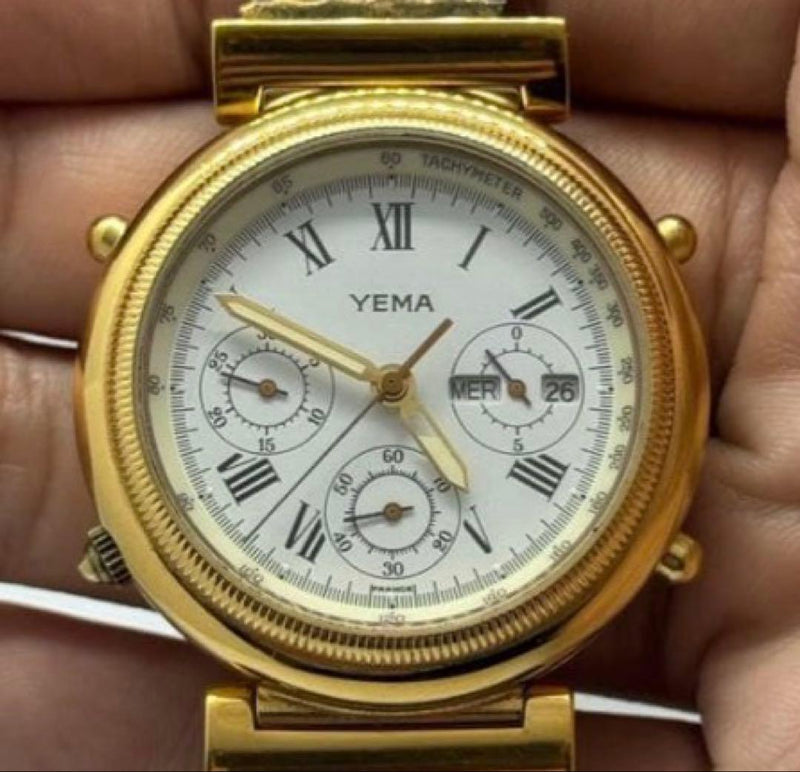 YEMA Mens Quartz Analog Chronograph White Roman Dial Gold Tone Watch Date