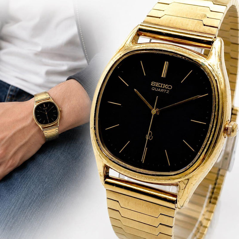 SEIKO Mens Watch Chariot 5931-5330 Quartz Gold Color 32.7mm Black Dial Bracelet