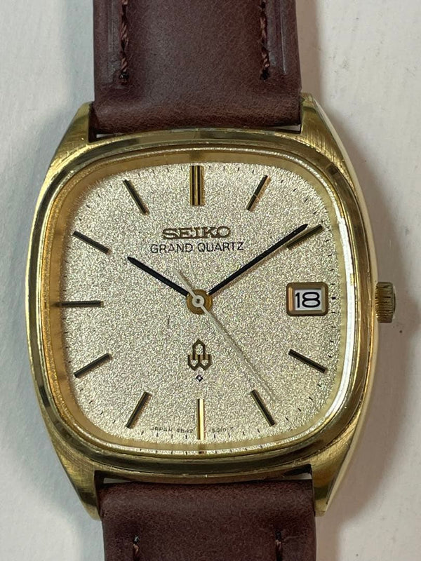 Seiko Grand Quartz 4842-5011 Mens 33mm Gold Dial Quartz Date Brown Leather Watch
