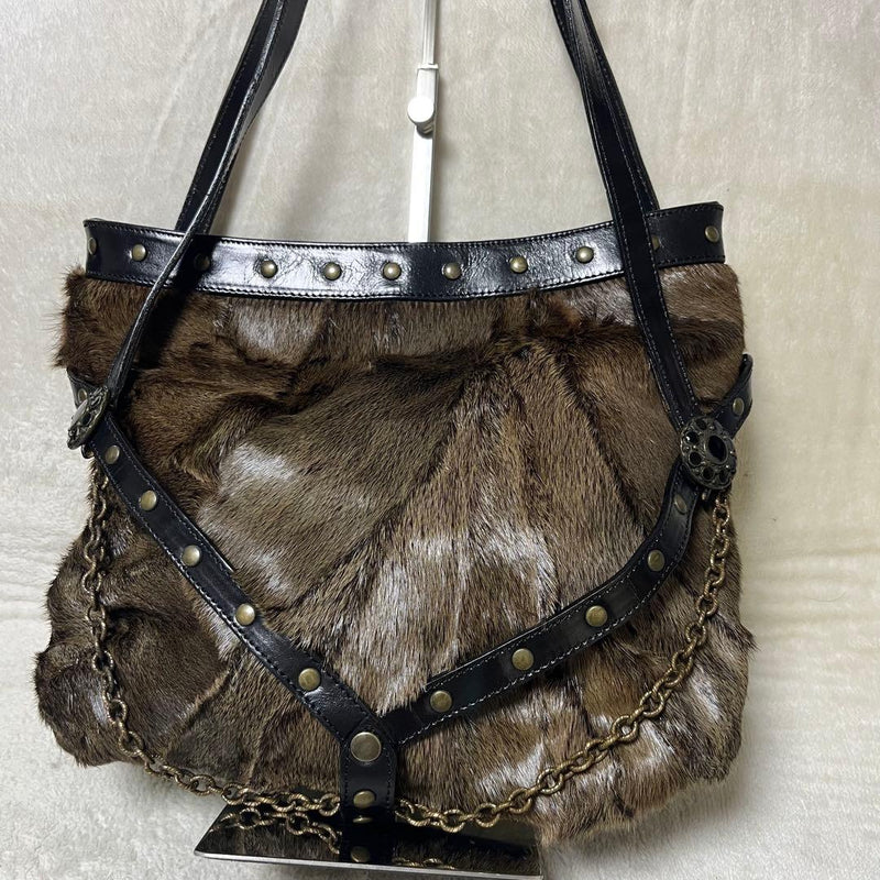 Faux Fur Leather Shoulder Bag Chain Studs Brown Black 11.8x9.4in Y2K