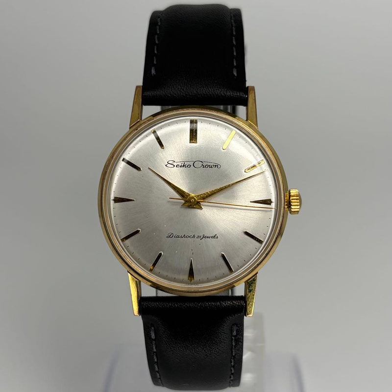 SEIKO CROWN MANUAL WIND 21 JEWELS DIASHOCK GOLD PLATED 33mm SILVER DIAL 1960s