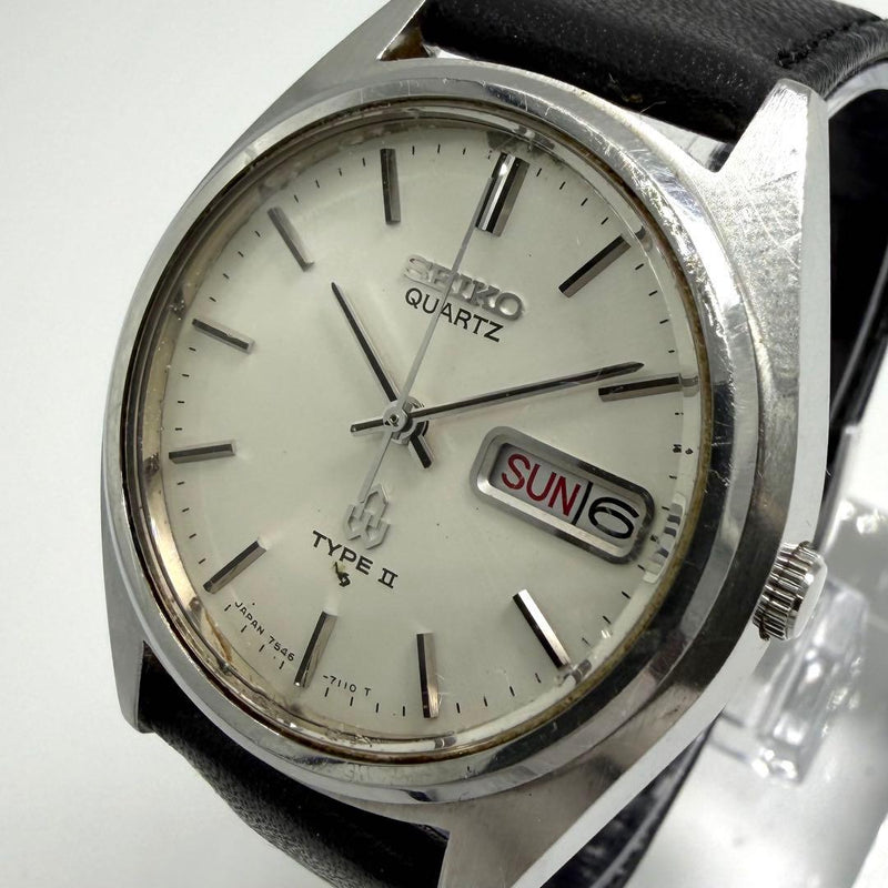 SEIKO TYPE2 7546-7100 Mens Quartz Watch 35mm White Dial Day-Date Leather Strap