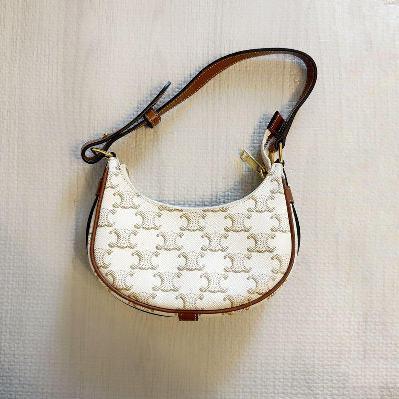 CELINE Triomphe Canvas Mini Bag W17xH8xD5cm White Brown Half-Moon Zipper