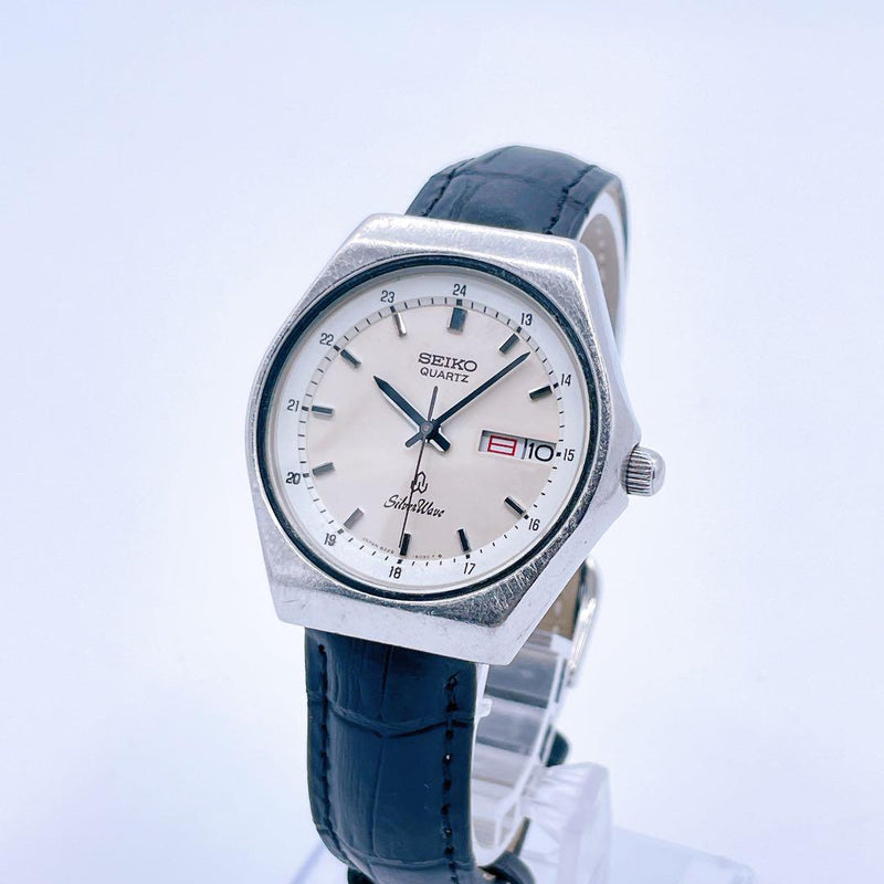SEIKO SilverWave 8229-6040 Quartz 39mm Off-white Day Date 24H 1980 Leather Watch