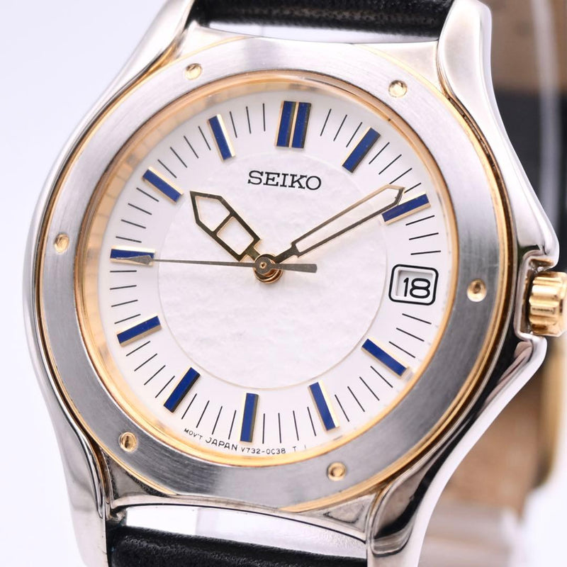 Seiko V732-0B00 Mens Analog Quartz White Dial Two Tone Watch Battery Replaced