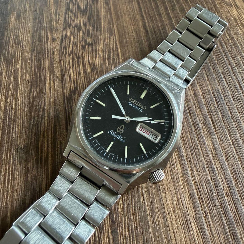 SEIKO SilverWave 7546-8340 Quartz Watch 36.2mm Black Dial SS Bracelet 1979