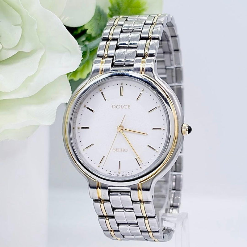 Seiko DOLCE 5E31-6000 Quartz Mens Watch 35x37mm Case Silver Gold White 1994