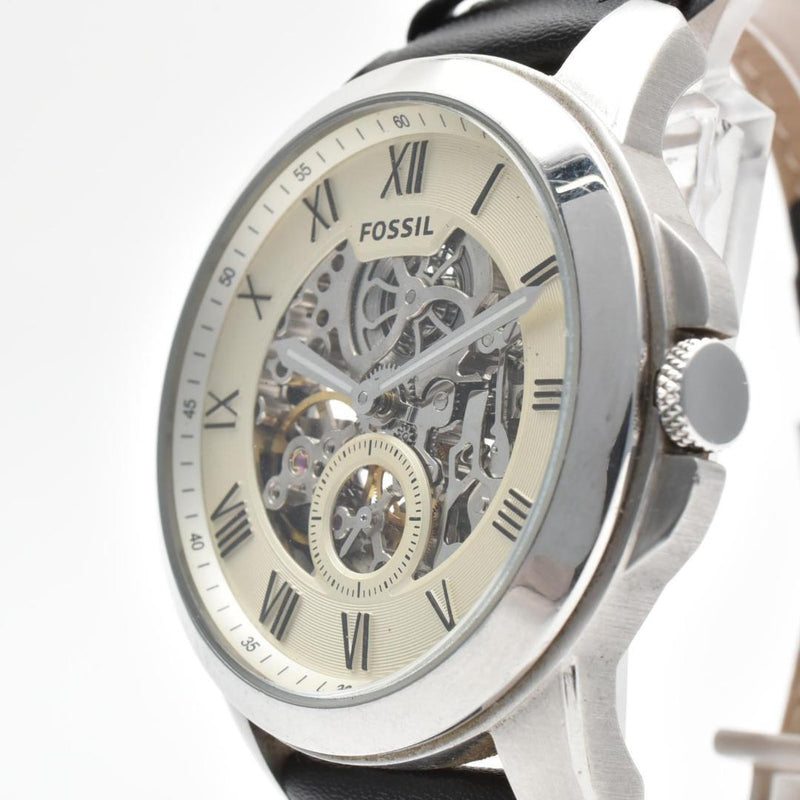 FOSSIL ME3052 Automatic Skeleton Watch Stainless Steel Ivory Dial Leather 5 ATM