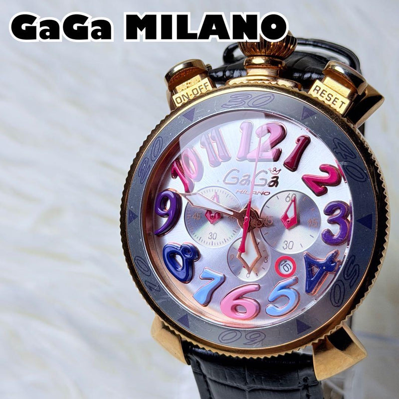 GaGa MILANO Chrono 48MM Gold Colorful Dial 24MM Lug Leather Band Watch