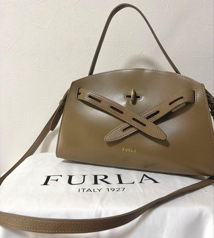 FURLA Leather 2-Way Shoulder Bag Greige 30cm W 21cm H 11cm D 110cm Strap