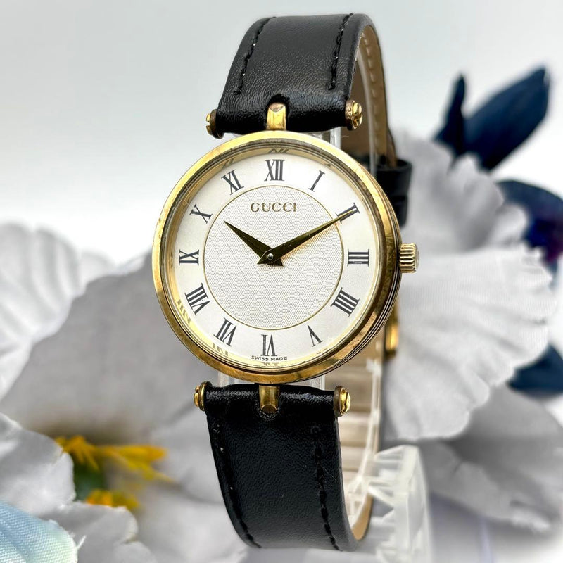 GUCCI 2040M Quartz Watch Gold Case 30mm White Dial Sherry Line Black Leather