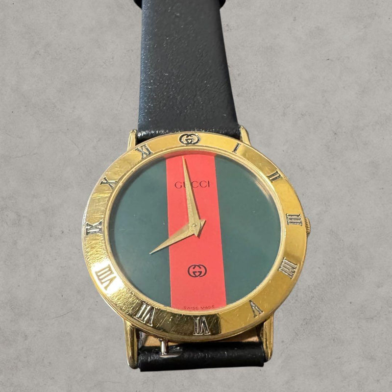 3000M Mens Watch Quartz 33mm Gold Sherry Line Green Red Leather Strap