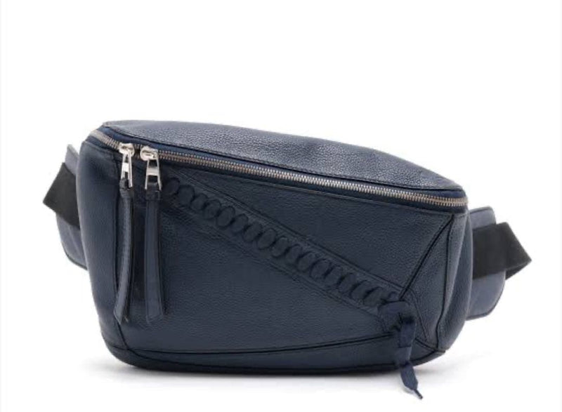 LOEWE 324.12.T57 Puzzle Body Bag Calfskin Leather Navy Woven 31x19x7cm